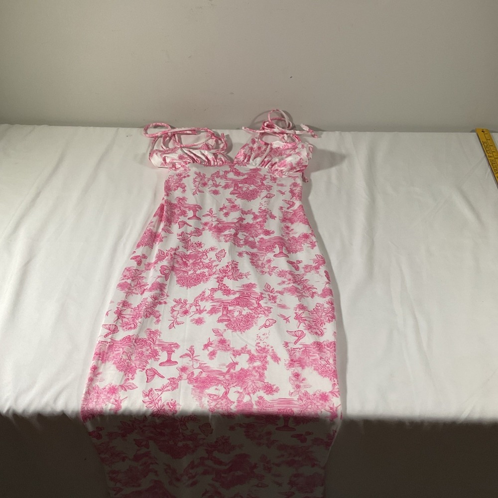 Parthea White w/Pink Florals Tie‎ Shoulder/Front Pencil Long Dress Sz XS J76